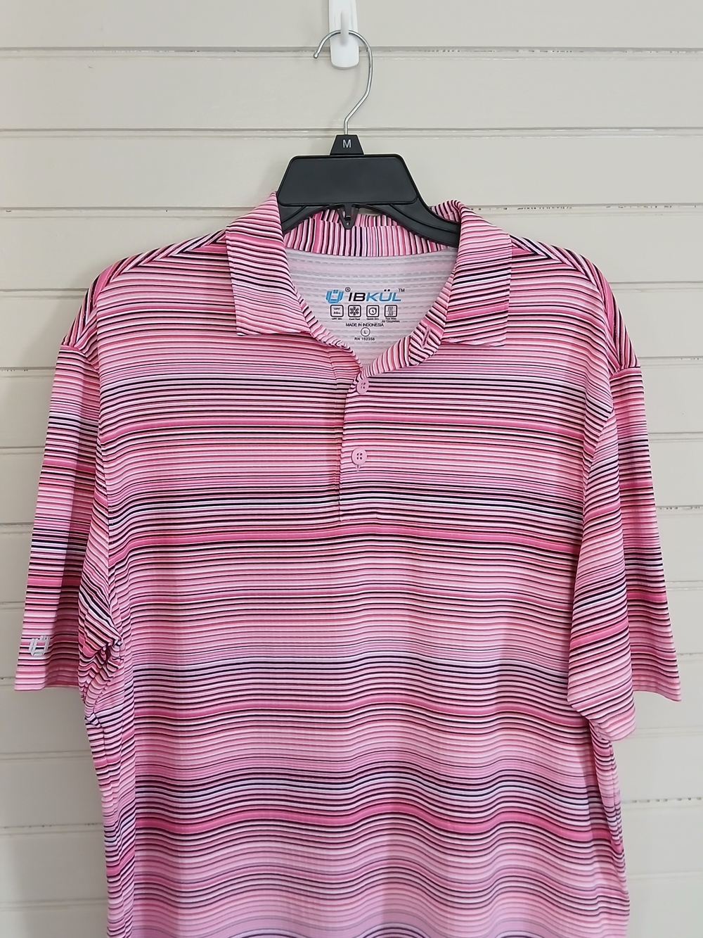 Ibkul Men's Pink Black Strip Performance Cooling Polo Size L Golf  UPF50+